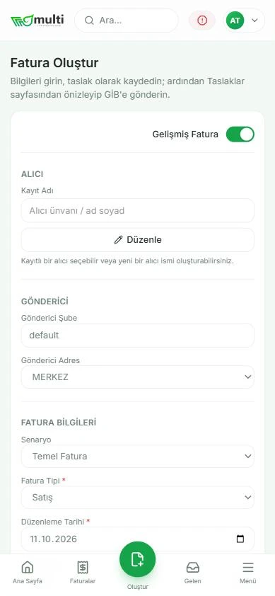 MultiPortal telefon görünümü: Fatura Oluştur formu, alıcı ve gönderici alanları, altta sekme çubuğu