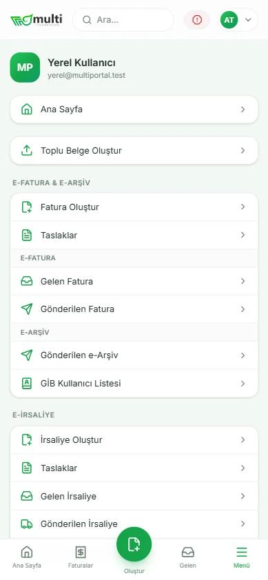 MultiPortal telefon menüsü: e-Fatura, e-Arşiv, e-İrsaliye, e-SMM ve e-MM başlıkları alt alta
