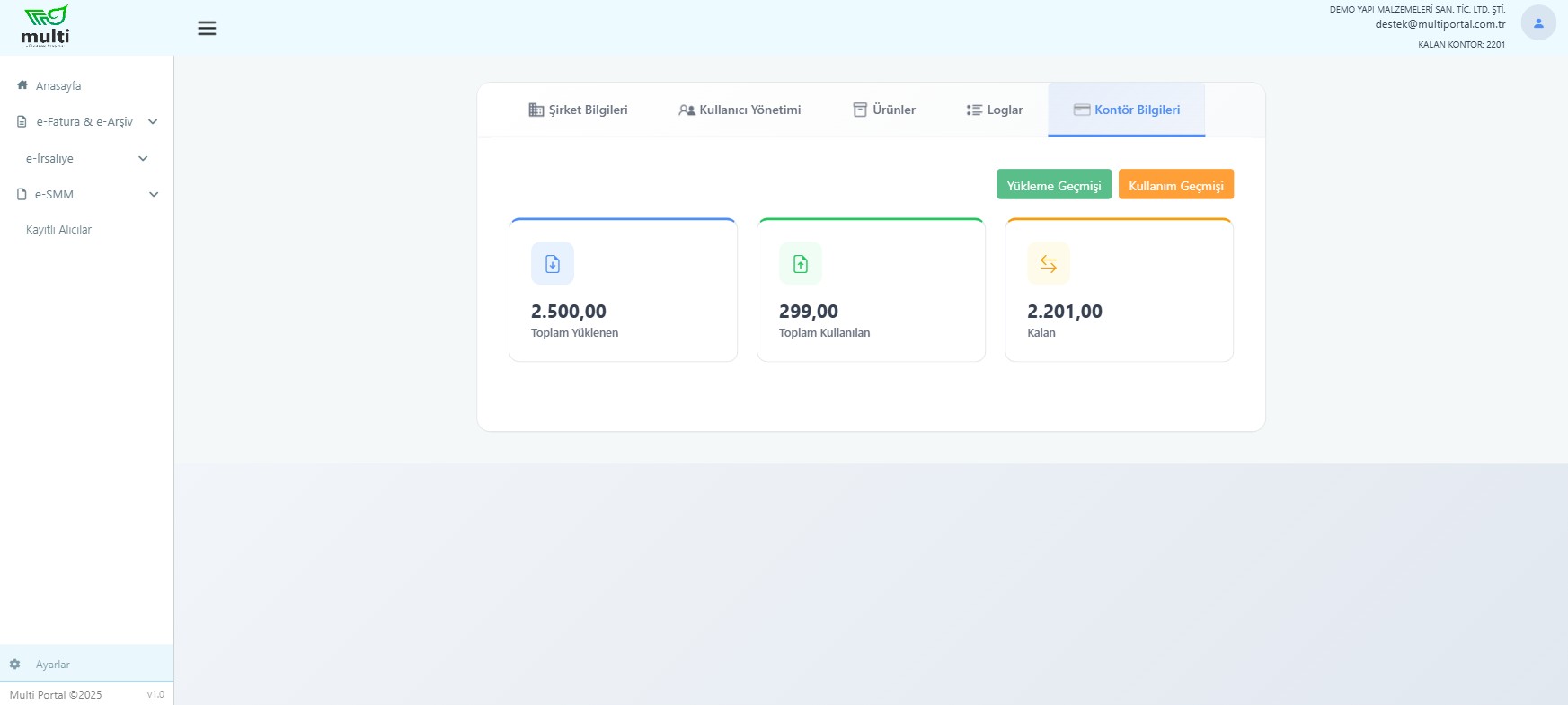 Multi Portal kontör bilgileri ekranı — yüklenen, kullanılan ve kalan kontör