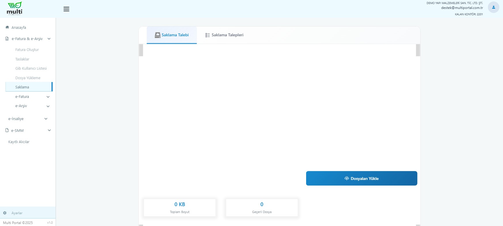 Multi Portal saklama ekranı — eski e-faturaları yükleme alanı ve taşıma kuralları