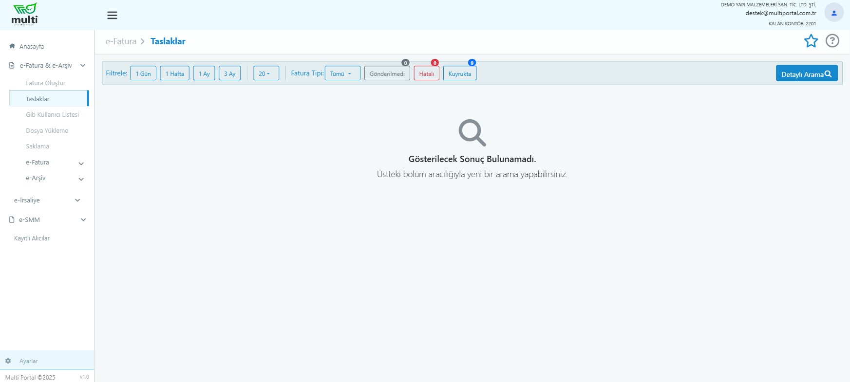 Multi Portal taslaklar ekranı — gönderilmedi, hatalı ve kuyrukta durum sayaçları